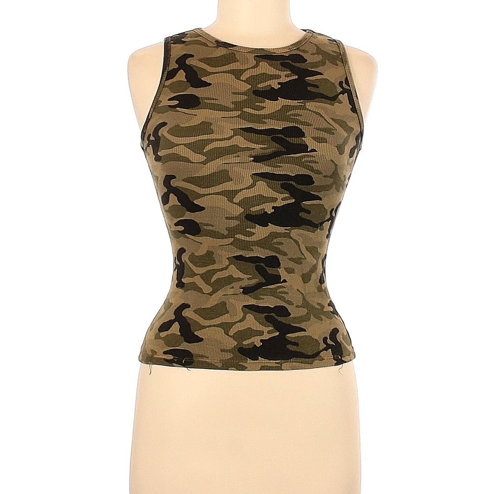 Multi Green Camo High Neck Tank Top sz M EUC 100% Cotton